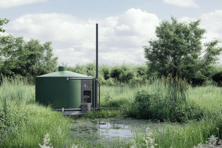 A green water treatment facility sits peacefully amidst tall grass and trees under a cloudy sky.の写真素材