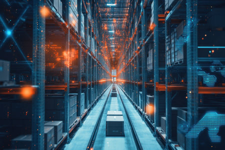Rows of shelves display packages in a high-tech warehouse with automated systems organizing inventory efficiently.の写真素材