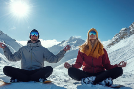 Two individuals sit cross-legged on snow, meditating amidst stunning snow-covered peaks under a clear sky.の写真素材