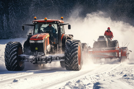 A powerful tractor plows through deep snow while towing equipment under a clear winter sky.の写真素材