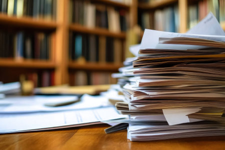 Papers are piled high on a desk, surrounded by shelves filled with books, creating a serene workspace atmosphere.の写真素材