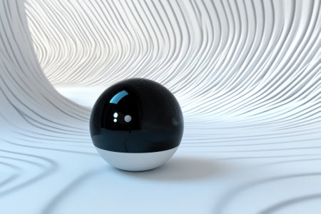 A spherical object with a glossy black and white finish stands alone within a textured, wavy white background.の写真素材