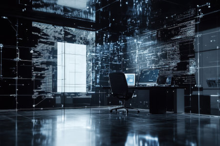 A futuristic office features digital screens, a sleek desk, and high-tech equipment in a dark setting.の写真素材