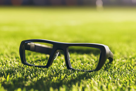 Black sports glasses lie on vibrant green grass, suggesting an active outdoor setting.の写真素材