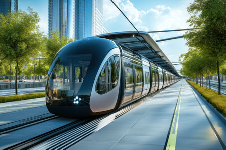 A sleek electric tram glides on tracks in a bustling city, surrounded by trees and tall buildings under clear skies.の写真素材