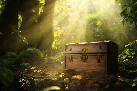 A wooden treasure chest rests on the forest floor, surrounded by green foliage and sunlight rays.の写真素材