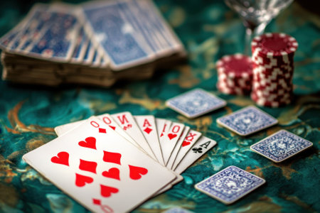 A lively card game unfolds as players focus on their hands and chips on a vibrant green table.の写真素材