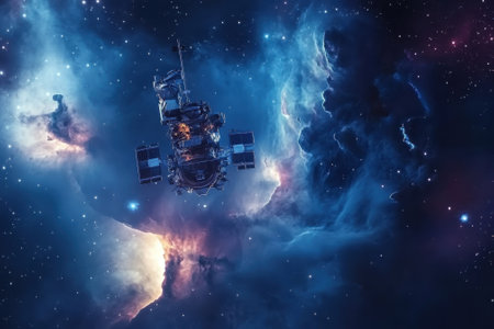 A detailed spacecraft travels through a colorful nebula, capturing the beauty of deep space exploration.の写真素材
