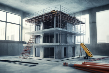 A modern building is under construction with scaffolding, tools, and an unfinished interior during the day.の写真素材
