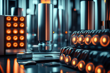 An array of lit components illuminates a sophisticated control room, showcasing advanced technology and design.の写真素材