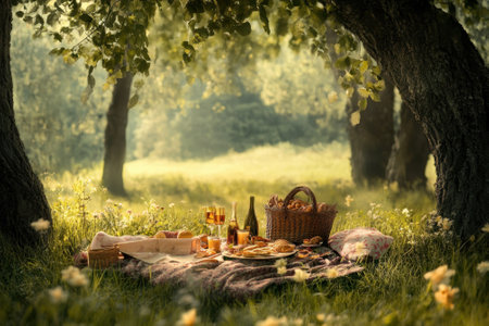 Friends gather for a joyful picnic, enjoying delicious food and drinks beneath shaded trees on a sunny day.の写真素材