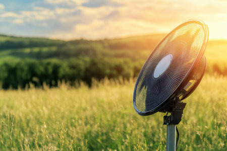 A black fan stands in a grassy field as the sun sets, casting a warm glow over the landscape.の写真素材
