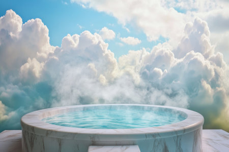 A tranquil in-ground pool sits surrounded by fluffy clouds, offering a serene view during sunset for relaxation.の写真素材
