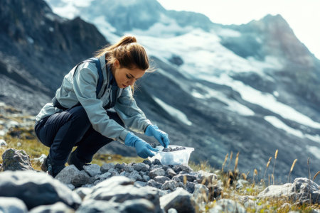 A woman is crouching on rocky terrain, gathering rock samples in a stunning mountain range.の写真素材