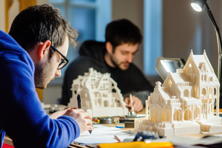 Two individuals focus on crafting detailed architectural models in a well-lit workspace, showing creativity.の写真素材