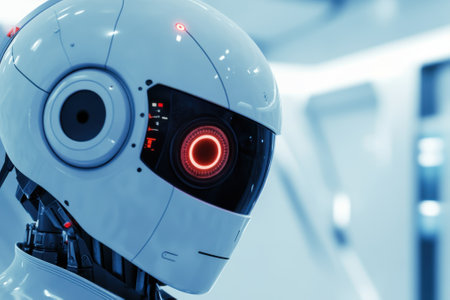 A detailed view of a futuristic robotic head featuring a glowing red eye, set against a high-tech background.の写真素材