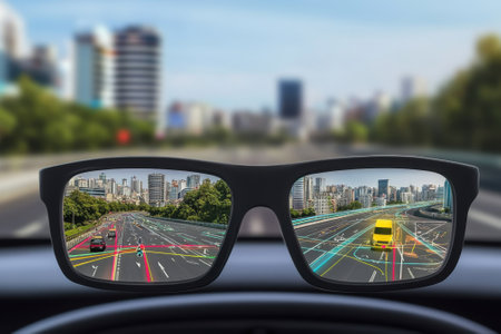 Smart glasses show digital navigation overlays on a busy city street filled with vehicles and buildings.の写真素材