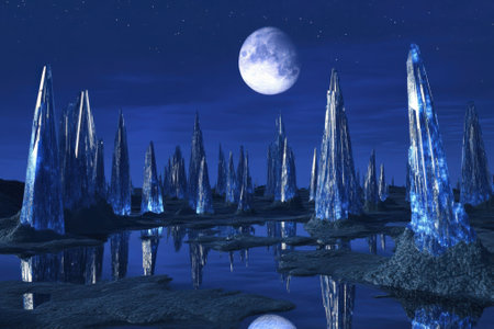 Vivid crystal formations rise from a tranquil lake, bathed in moonlight under a starry sky.の写真素材