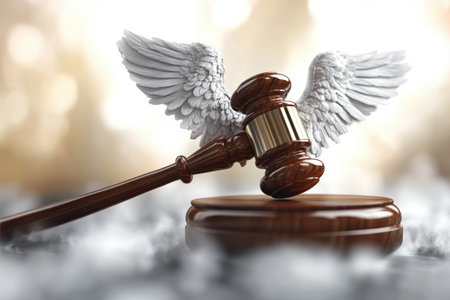 A gavel with angel wings rests on a round base, symbolizing justice and divine fairness in a tranquil environment.の写真素材