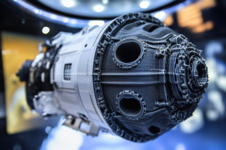 A detailed rocket engine model is showcased at a science museum, highlighting engineering ingenuity and design.の写真素材