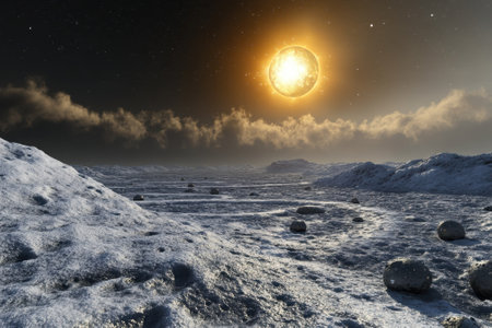 A lunar surface awaits beneath a bright sun, casting dramatic light across rugged terrain with shadows and rocks.の写真素材