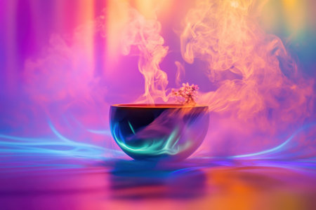 A translucent bowl is filled with swirling, colorful smoke and a small flower, creating an ethereal atmosphere.の写真素材