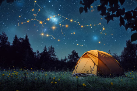A yellow tent is set up in a grassy area at night, surrounded by trees and bright stars overhead.の写真素材