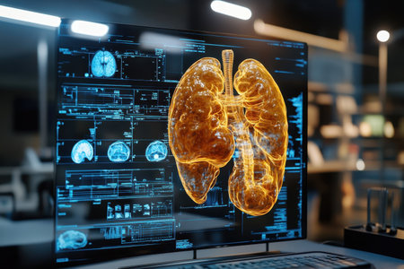 A detailed 3D representation of human lungs displaying data in a contemporary medical facility.の写真素材