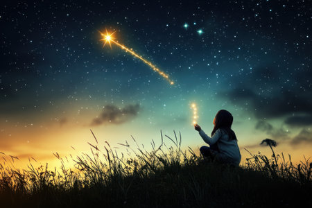 A child sits in a grassy field, holding a sparkling wand and watching a shooting star at twilight.の写真素材