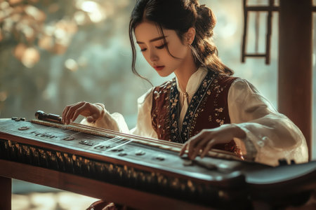A musician focuses intently while playing a traditional string instrument in a serene outdoor environment at sunset.の写真素材