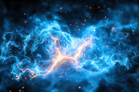 A vibrant swirl of electric blue and orange energy illuminates a dark space backdrop.の写真素材