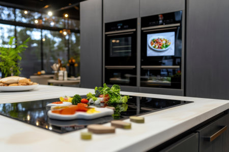 Colorful vegetables are arranged on a sleek countertop in a stylish kitchen filled with natural light.の写真素材