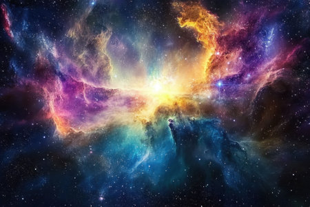 A vivid cosmic explosion displays an array of bright colors swirling in the depths of space, captivating viewers.の写真素材