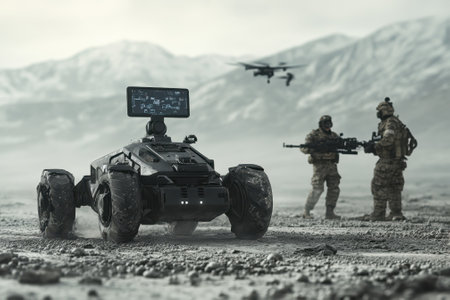 Soldiers coordinate with a robotic vehicle in a rugged, mountainous landscape for a tactical mission.の写真素材