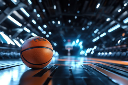 A basketball is placed on the polished court surrounded by empty seating and glowing lights, suggesting anticipation.の写真素材