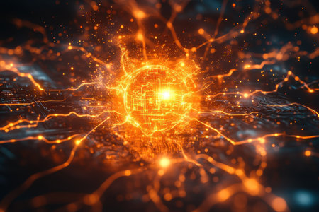 A luminous sphere emits vibrant energy while glowing lines radiate outward, symbolizing technology.の写真素材