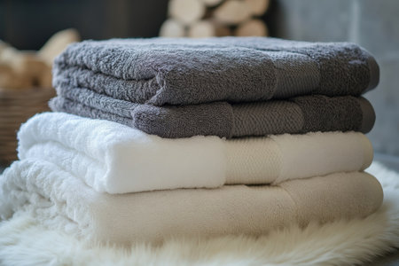 Plush towels in shades of gray and white are stacked neatly on a soft surface, creating a serene atmosphere.の写真素材