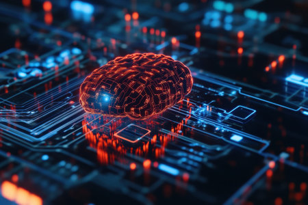 A detailed brain model illuminated in red sits atop a glowing circuit board with intricate connections.の写真素材