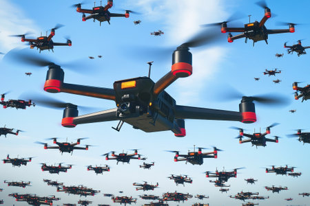 A large group of drones is flying together in a coordinated display against a clear blue sky.の写真素材