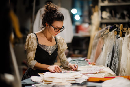 A fashion designer sketches patterns in a dim studio brimming with projects and materials.の写真素材