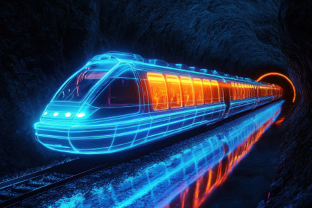 A vibrant train with glowing neon lights moves swiftly through a dark tunnel, reflecting off the water.の写真素材