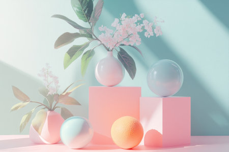 Soft pastel elements create a tranquil display with flowers and geometric shapes under gentle light.の写真素材