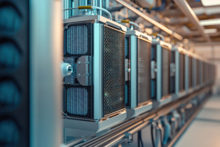 Advanced cooling systems are strategically placed to maintain optimal temperature in a data center.の写真素材