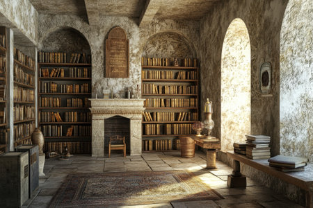 A serene library features rustic shelves brimming with books, illuminated by soft natural light.の写真素材