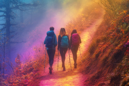 Three women hike on a vibrant trail surrounded by misty forest colors in autumn, enjoying nature's beauty.の写真素材