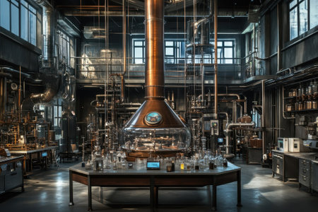 A spacious laboratory features copper apparatus and glass containers, highlighting active scientific experimentation.の写真素材