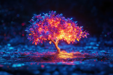 A beautifully illuminated tree radiates colorful light in a dark, enchanting environment, creating a serene atmosphere.の写真素材