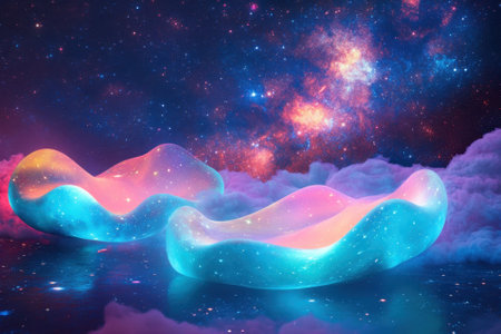 Two vibrant, translucent forms softly glow against a starry cosmic backdrop with clouds beneath.の写真素材