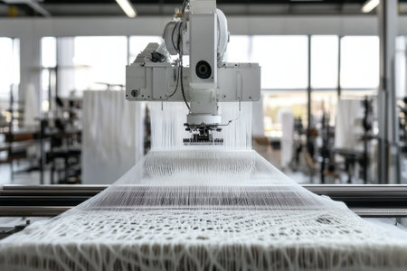 A textile machine operates efficiently, creating detailed fabric patterns in a contemporary manufacturing environment.の写真素材