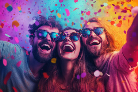 Three friends wearing sunglasses are laughing joyfully while colorful confetti rains down around them.の写真素材